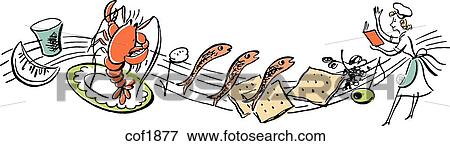 Chorus line of fresh seafood and chef View Large Illustration Stock Illustration - Chorus line of fresh seafood and chef. Fotosearch