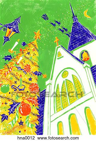 Drawing - Christmas tree outside church. Fotosearch