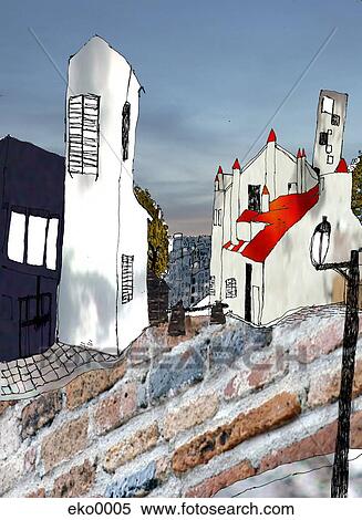 Stock Illustration - Cobblestone street with houses. Fotosearch