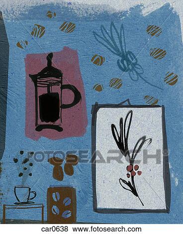 Coffee beans, coffee cup and french press View Large Illustration Stock Illustration - Coffee beans, coffee cup and french press. Fotosearch