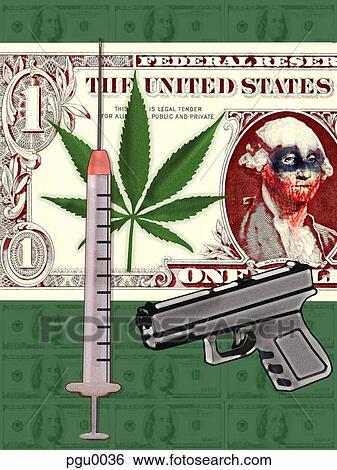 Stock Illustration - Collage of dollar bill, syringe, gun and cannabis. Fotosearch