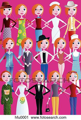 Collage of single woman dressed in different attire View Large Illustration Clip Art - Collage of single woman dressed in different attire. Fotosearch