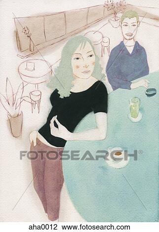 Drawing - Couple having coffee at bar. Fotosearch