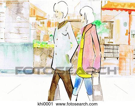 Clip Art - Couple walking in street. Fotosearch