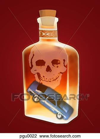 Crashing car and skull inside bottle of alcohol View Large Illustration Drawing - Crashing car and skull inside bottle of alcohol. Fotosearch