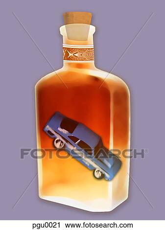 Clip Art - Crashing car inside bottle of alcohol. Fotosearch