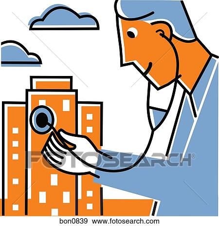 Stock Illustration - Doctor checking building with stethoscope. Fotosearch