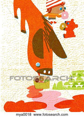 Stock Illustration - Donkey, bear and child eating doughnuts. Fotosearch