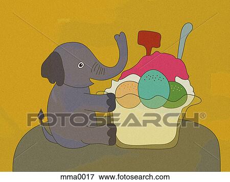 Elephant sitting beside large bowl of ice-cream View Large Illustration Stock Illustration - Elephant sitting beside large bowl of ice-cream. Fotosearch