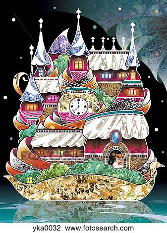 Fantasy city on boat View Large Illustration Drawing - Fantasy city on boat. Fotosearch