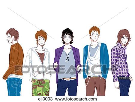 Five fashionable young men View Large Illustration Drawing - Five fashionable young men. Fotosearch