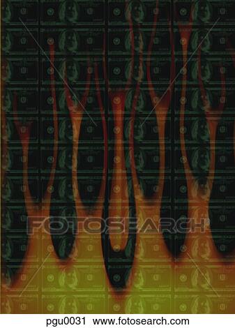 Flames rising over dollar bills View Large Illustration Clip Art - Flames rising over dollar bills. Fotosearch