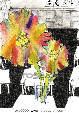 Stock Illustration - Flowers in vase on desk. Fotosearch
