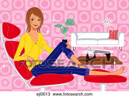 Frau entspannung, in, wohnzimmer Zeichnung | eji0013 | Fotosearch