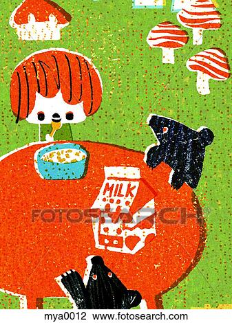 Drawing - Girl eating breakfast with animals. Fotosearch