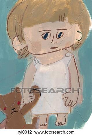 Drawing - Girl holding teddy bear. Fotosearch
