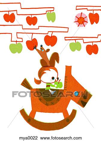 Drawing - Girl on rocking horse. Fotosearch