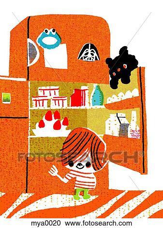 Girl opening refrigerator View Large Illustration Clipart - Girl opening refrigerator. Fotosearch