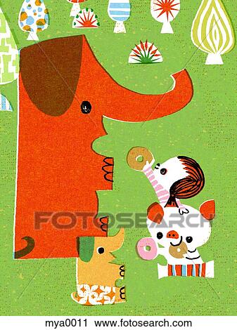 Clip Art - Girl playing with animals. Fotosearch