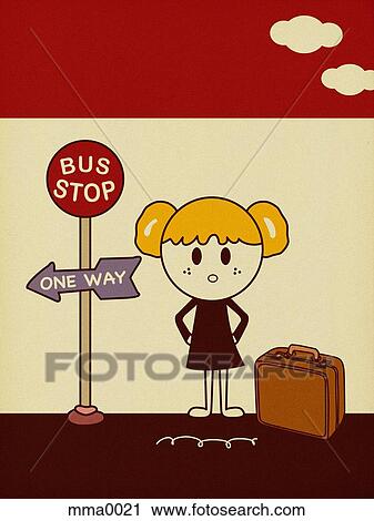 Clip Art - Girl waiting at bus stop. Fotosearch