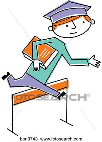 Graduate holding book jumping over hurdle View Large Illustration Drawing - Graduate holding book jumping over hurdle. Fotosearch