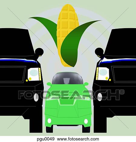 Stock Illustration - Green car between two large ones with corn cob. Fotosearch