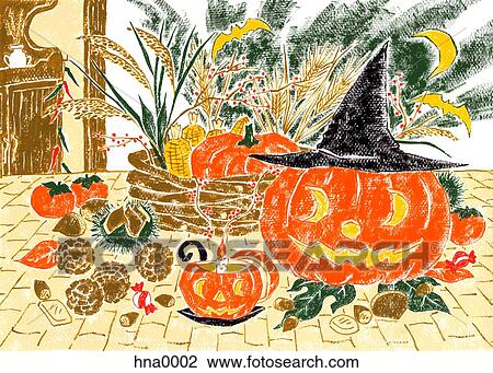 Drawing - Halloween pumpkins. Fotosearch