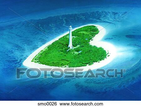 Stock Illustration - Heart shaped island with lighthouse. Fotosearch