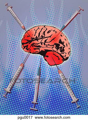 Human brain with syringes surrounding it View Large Illustration Stock Illustration - Human brain with syringes surrounding it. Fotosearch