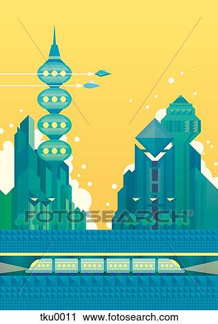 Illustration of futuristic city View Large Illustration Clip Art - Illustration of futuristic city. Fotosearch