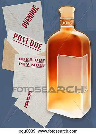 Large bottle of alcohol surrounded with overdue bills View Large Illustration Stock Illustration - Large bottle of alcohol surrounded with overdue bills. Fotosearch