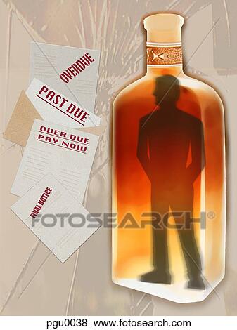 Stock Illustration - Large bottle of alcohol with figure silhouetted inside surrounded with overdue bills. Fotosearch