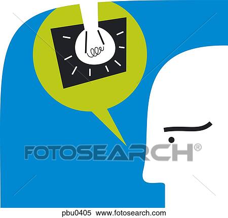 Stock Illustration - Man and thought bubble with electric bulb. Fotosearch