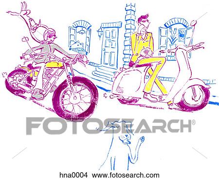 Stock Illustration - Man and woman riding scooters. Fotosearch
