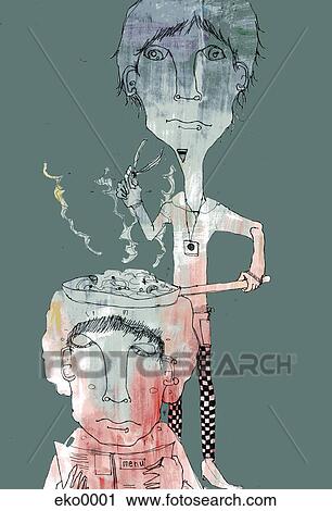 Clip Art - Man frying breakfast food on another mans head. Fotosearch
