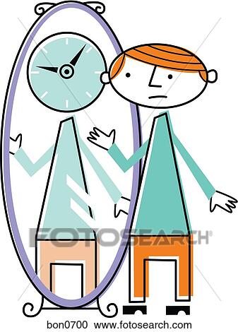 Clipart - Man looking at his reflection with clock face looking back. Fotosearch