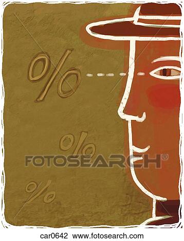 Drawing - Man looking at percentage symbol, close-up. Fotosearch