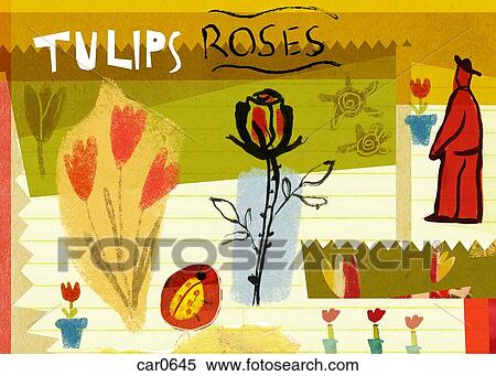 Man looking at tulips and roses View Large Illustration Stock Illustration - Man looking at tulips and roses. Fotosearch