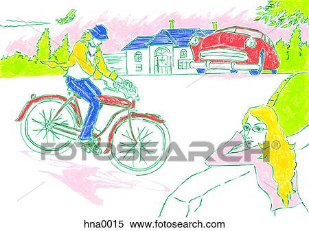 Stock Illustration - Man riding bicycle in park white woman looks on. Fotosearch