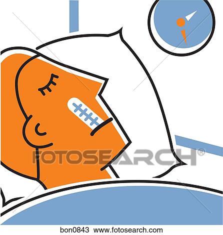 Man sick in bed with thermometer View Large Illustration Drawing - Man sick in bed with thermometer. Fotosearch