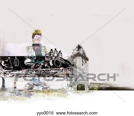 Stock Illustration - Man sitting at a cluttered table. Fotosearch