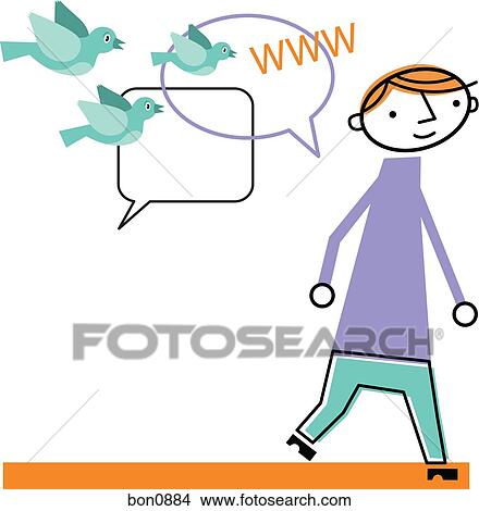 Man walking with speech bubbles and birds following him View Large Illustration Stock Illustration - Man walking with speech bubbles and birds following him. Fotosearch