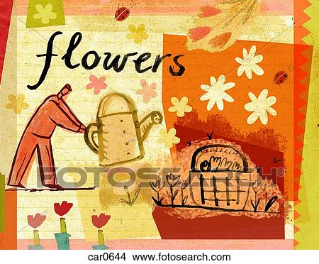 Stock Illustration - Man watering flowers. Fotosearch