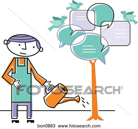 Man watering tree of speech bubbles with birds View Large Illustration Drawing - Man watering tree of speech bubbles with birds. Fotosearch