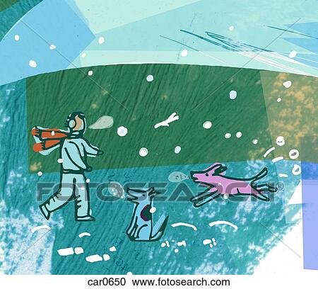 Man with dogs in winter wonderland View Large Illustration Clipart - Man with dogs in winter wonderland. Fotosearch