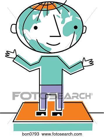 Man with globe for head View Large Illustration Drawing - Man with globe for head. Fotosearch