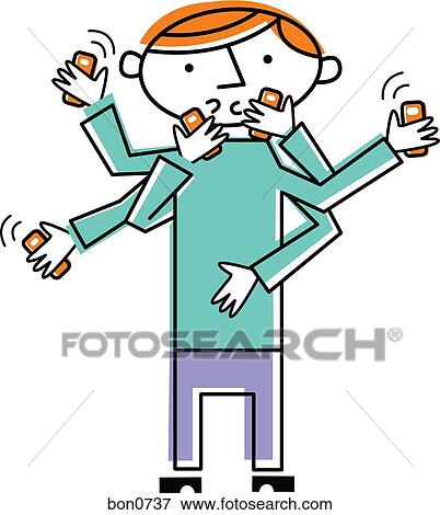 Stock Illustration - Man with six hands talking on phone. Fotosearch