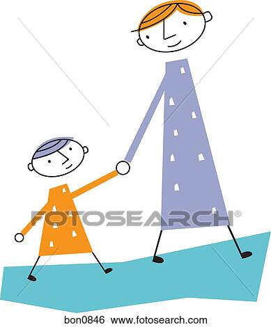 Stock Illustration - Mother and son walking and holding hands. Fotosearch