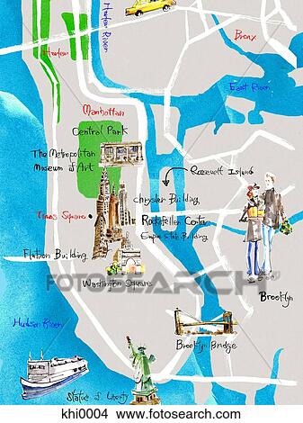 Stock Illustration - Painted map of New York City. Fotosearch