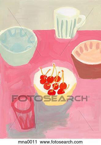 Painting of dishes and bowl of cherries on table View Large Illustration Clip Art - Painting of dishes and bowl of cherries on table. Fotosearch